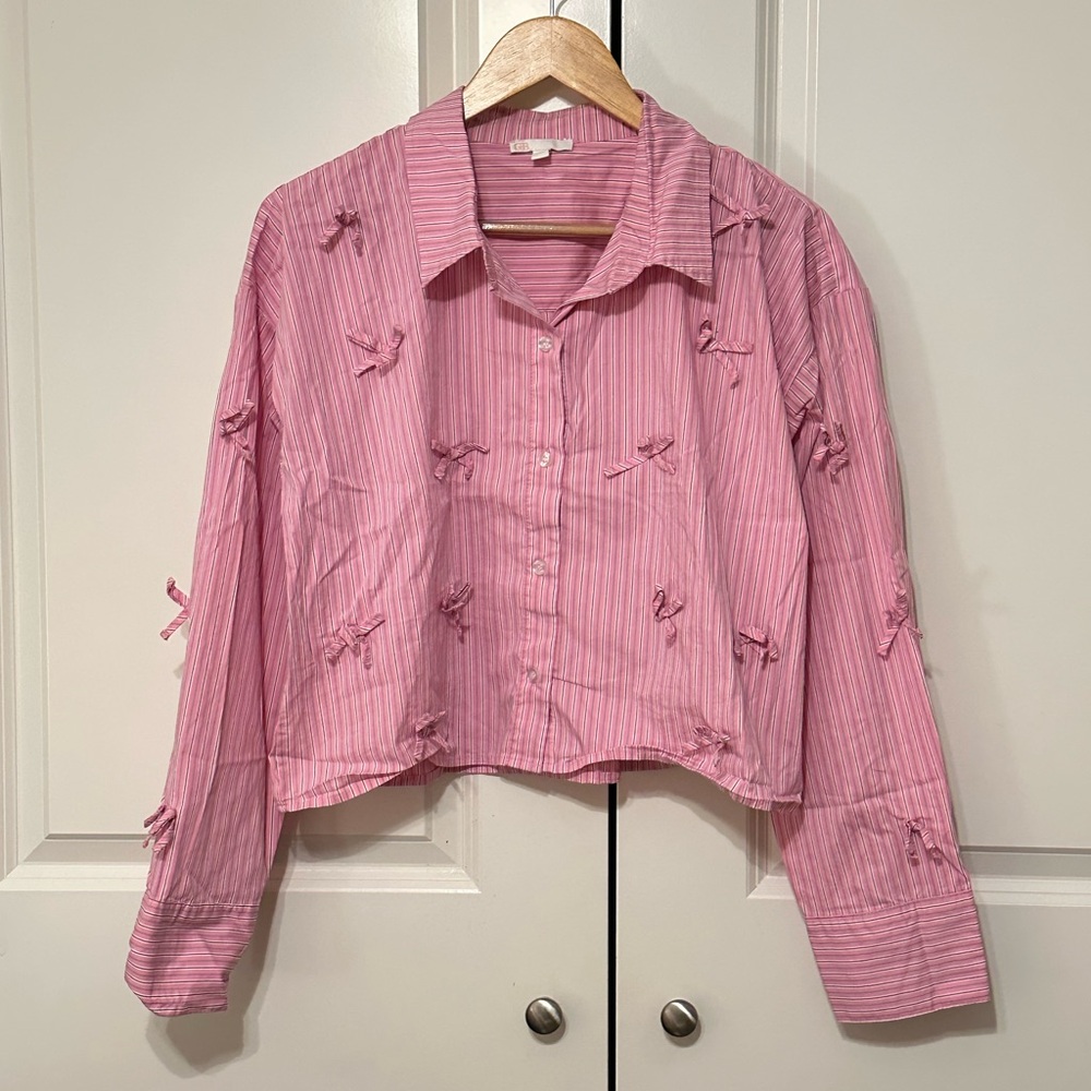 Gianni Bini Pink Striped Bow Button Down Shirt